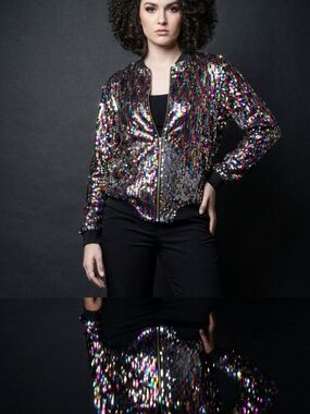 Cresay Iridescent Sequin Bomber Jacket Size XXL